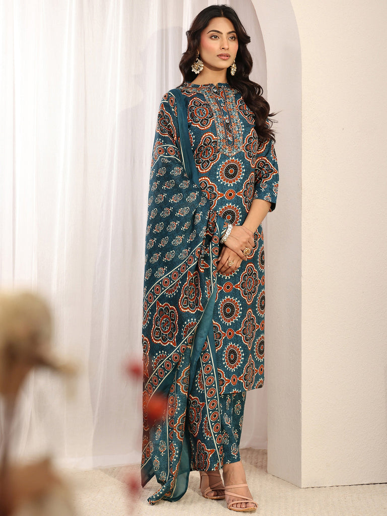 Gerua Blue Ajrakh Printed Cotton Blend Straight Suit Set With Dupatta