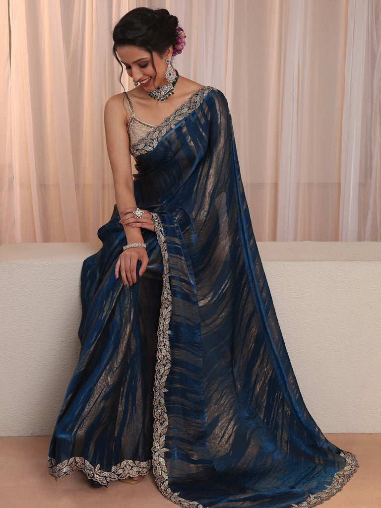 Libas Blue And Golden Tissue Saree With Embellished Border