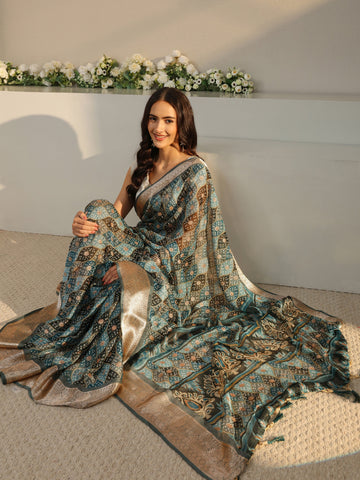 Blue Bandhani Printed Chiffon Saree With Unstitched Blouse Piece
