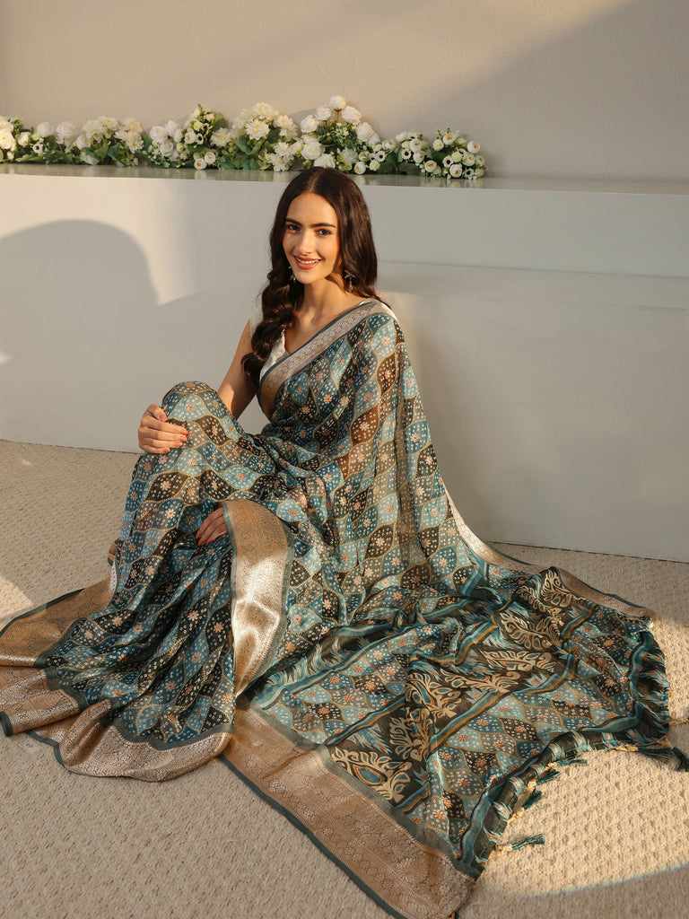 Libas Blue Bandhani Printed Chiffon Saree With Unstitched Blouse Piece