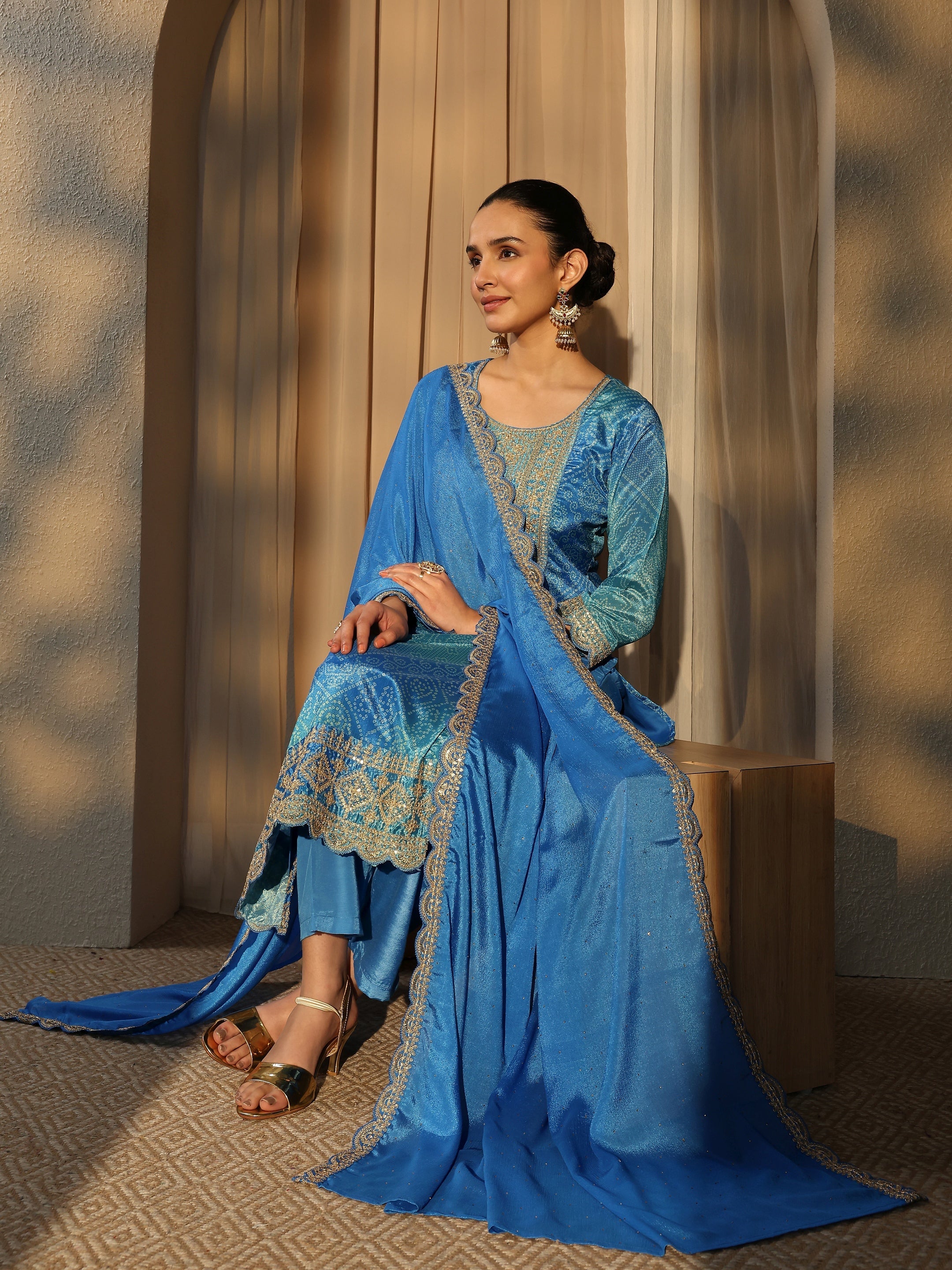 libas Blue Bandhani Printed Chinon Straight Suit Set With Dupatta-picture-23