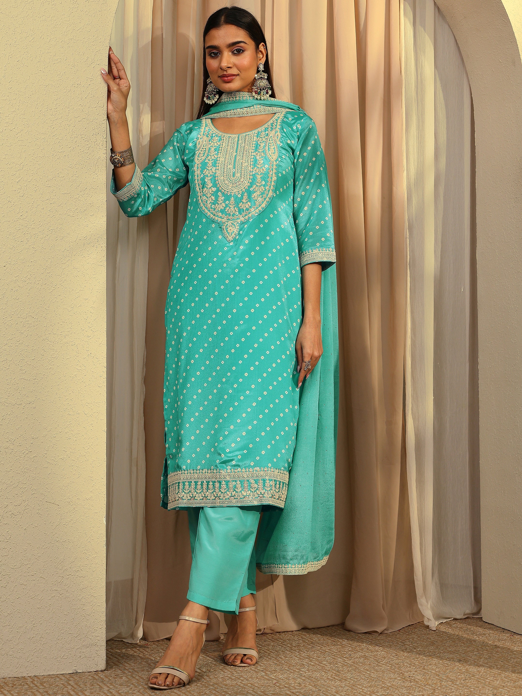 libas Blue Bandhani Printed Chinon Straight Suit Set With Dupatta-picture-66