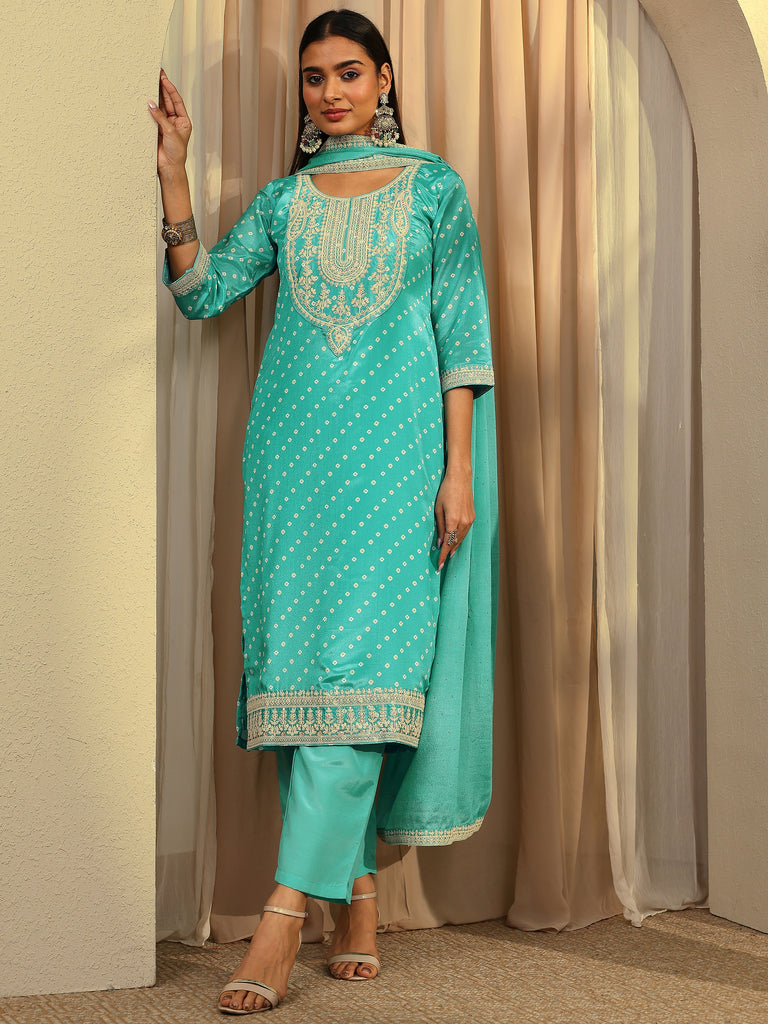 Libas Blue Bandhani Printed Chinon Straight Suit Set With Dupatta