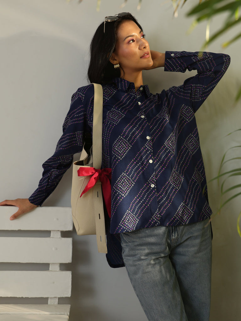 Gerua Blue Bandhani Printed Cotton Blend Shirt