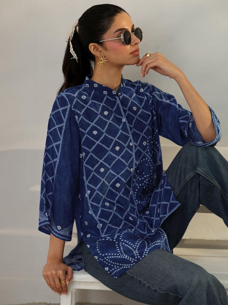 Libas Blue Bandhani Printed Crepe Shirt