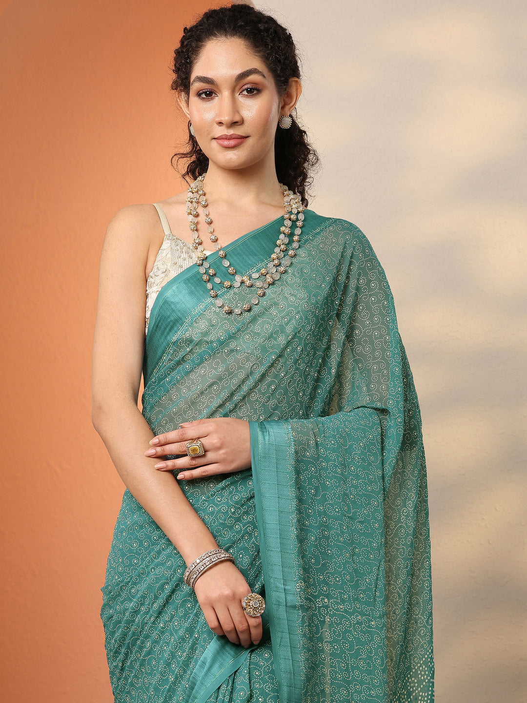  Blue Bandhani Printed Georgette Saree With Unstitched Blouse Piece 