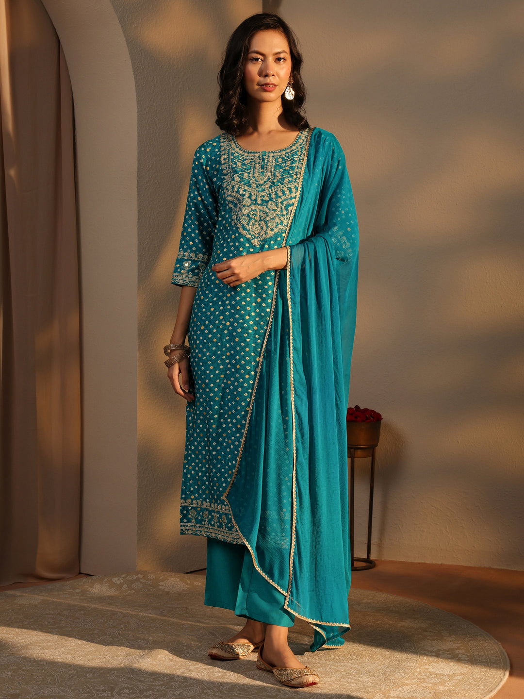  Blue Bandhani Printed Silk Blend Straight Suit Set With Dupatta 