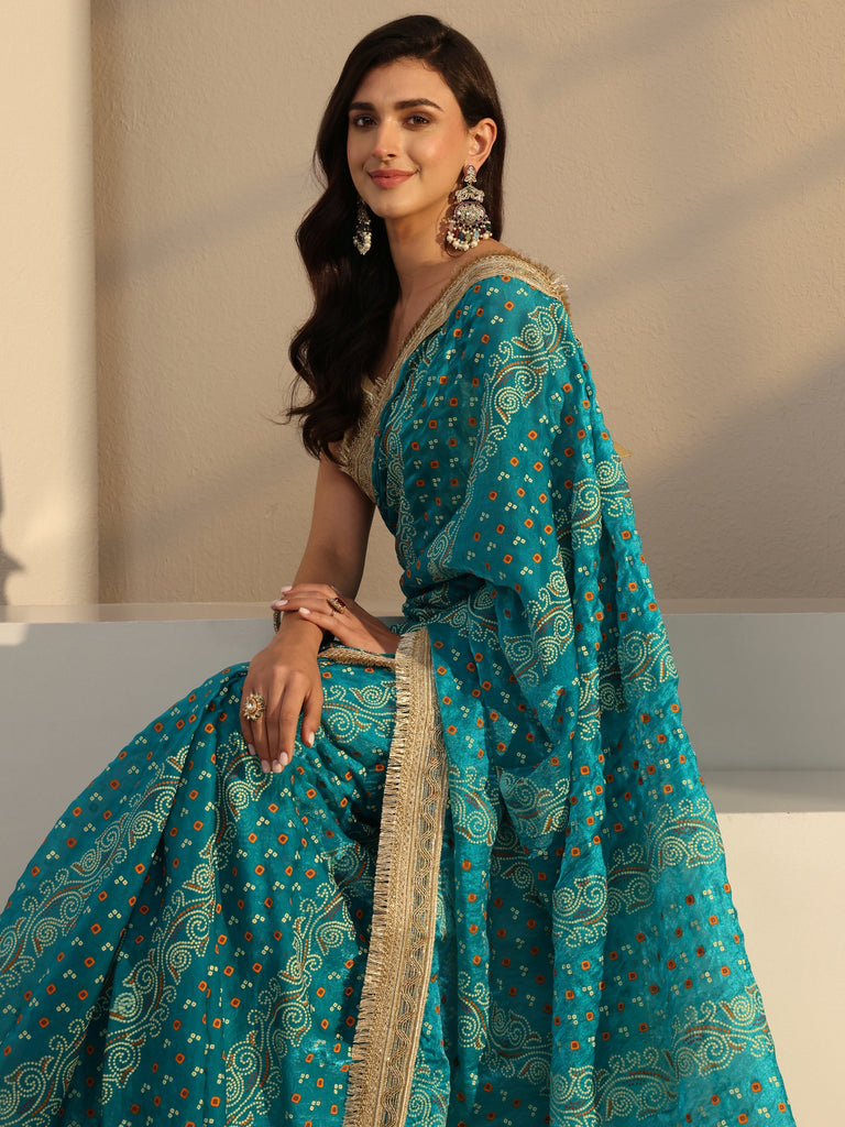 Libas Blue Bandhani Printed Tissue Saree With Unstitched Blouse Piece