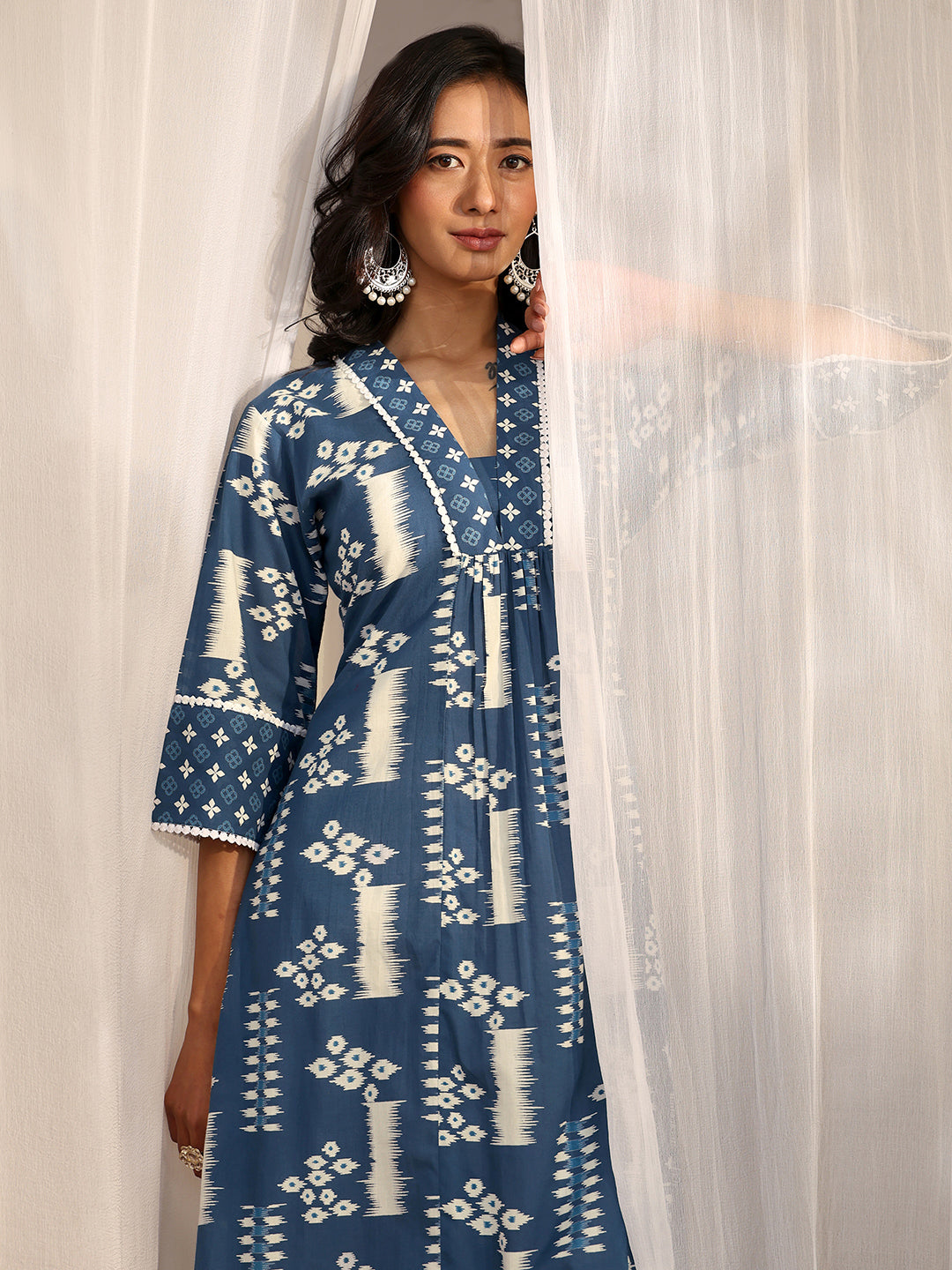 Libas Blue Block Printed Cotton A-Line Kurta-image-2