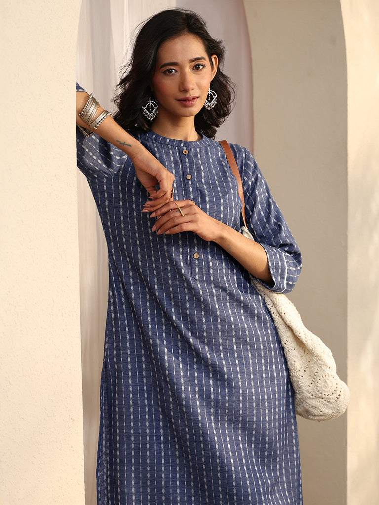 Libas Blue Block Printed Cotton Blend Straight Kurta