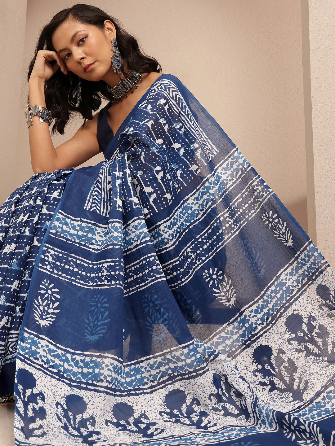  Blue Block Printed Cotton Saree With Unstitched Blouse Piece 