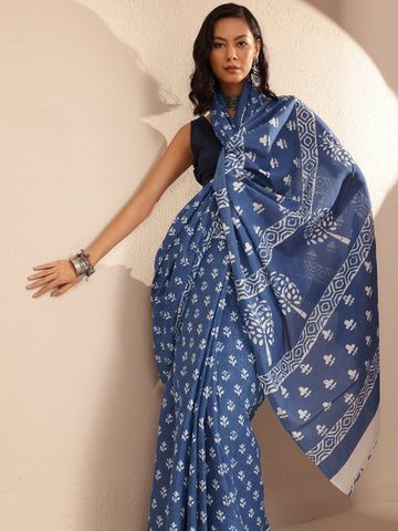 Blue Block Printed Cotton Saree With Unstitched Blouse Piece