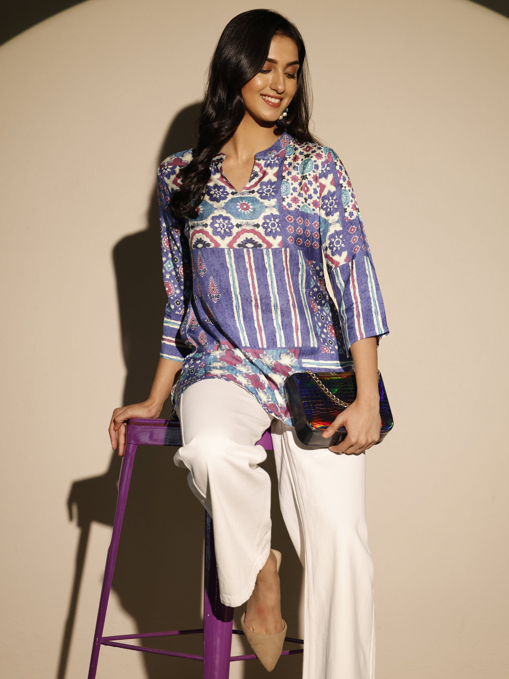 libas Blue Block Printed Muslin Straight Short Kurti-picture-34