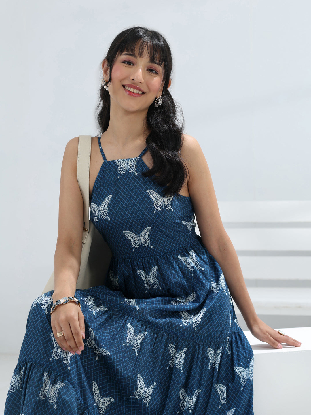  Blue Butterfly Printed Fit-And-Flare Cotton Blend One-Piece Tiered Dress 