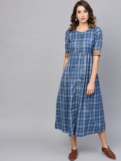Blue Checkered Cotton Dress - Libas