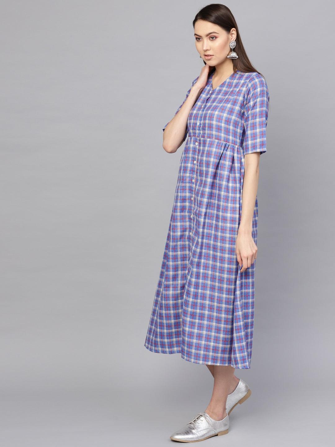 Blue Checkered Cotton Dress - Libas