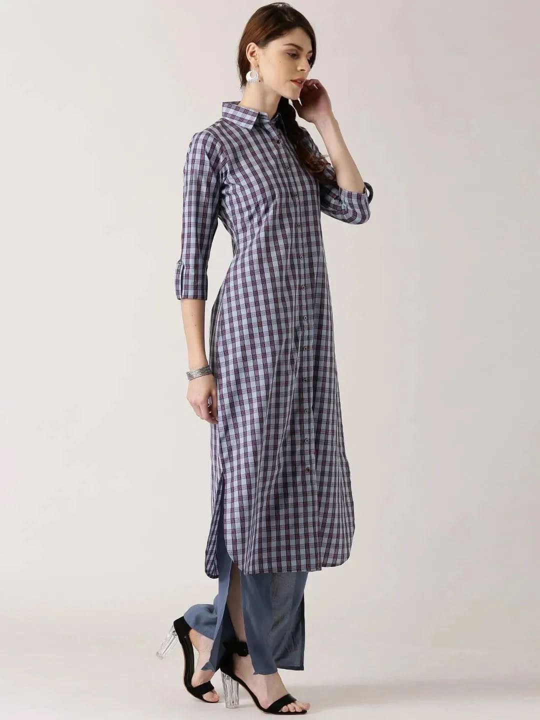 

Buy Blue Checkered Cotton Kurta - 4606- | Libas Ethnic Wear Online