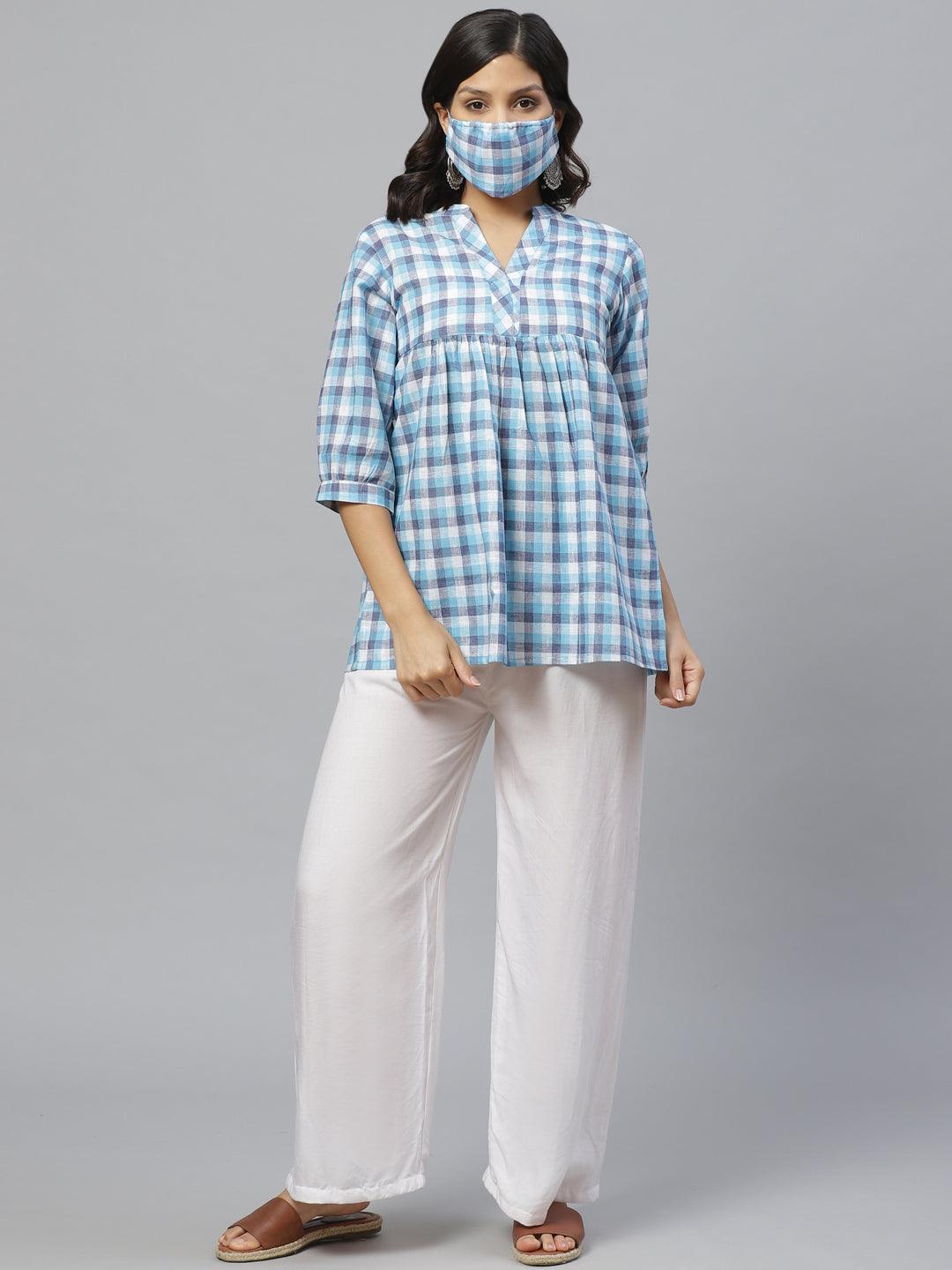Blue Checkered Cotton Kurti With Mask - Libas