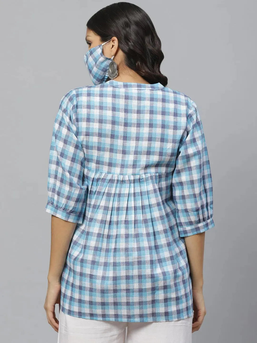 Blue Checkered Cotton Kurti With Mask - Libas