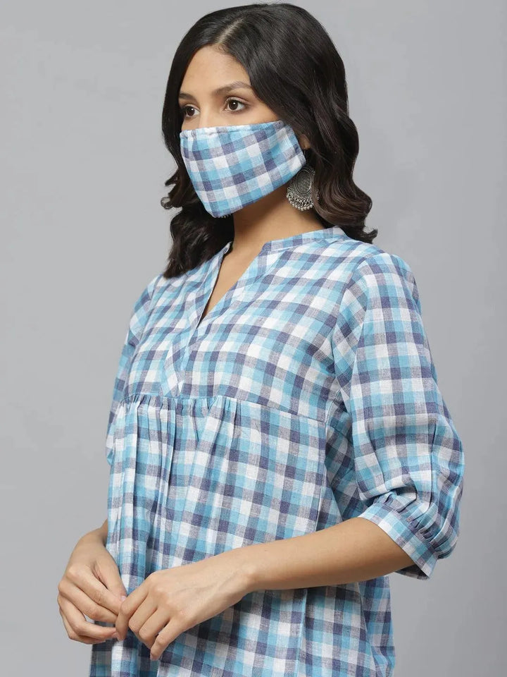 Blue Checkered Cotton Kurti With Mask - Libas