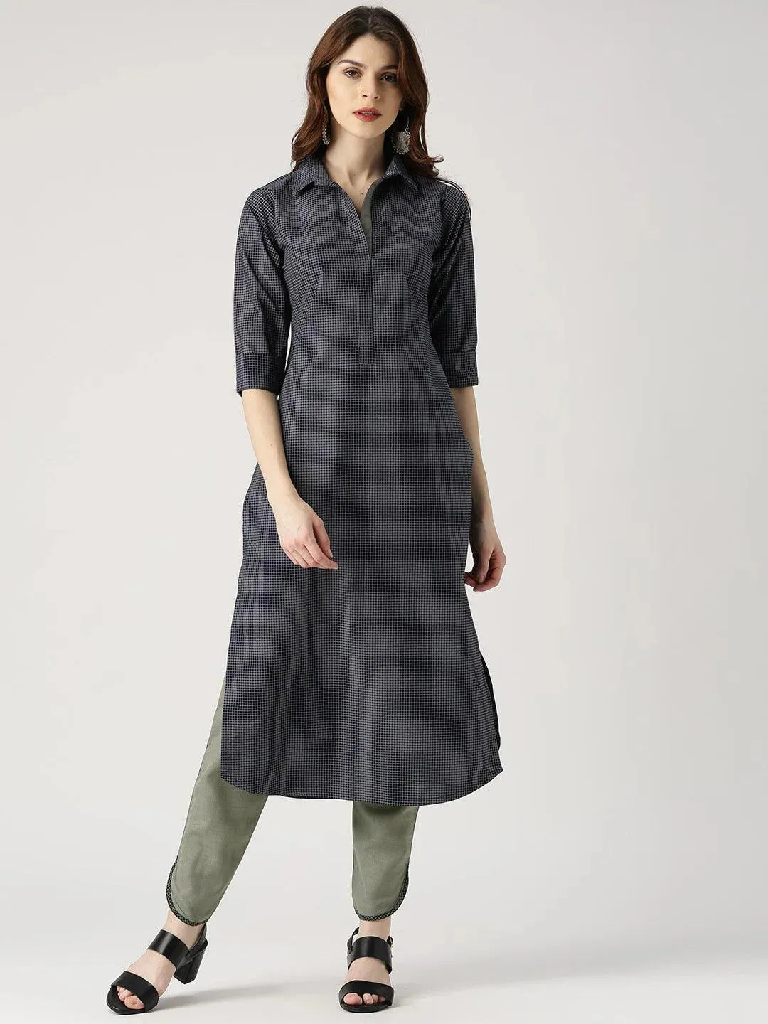 Blue Checkered Cotton Kurta Set - Libas