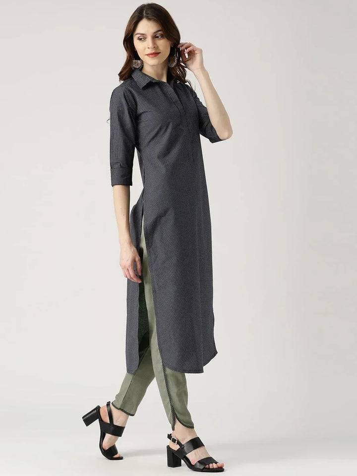 Blue Checkered Cotton Kurta Set - Libas