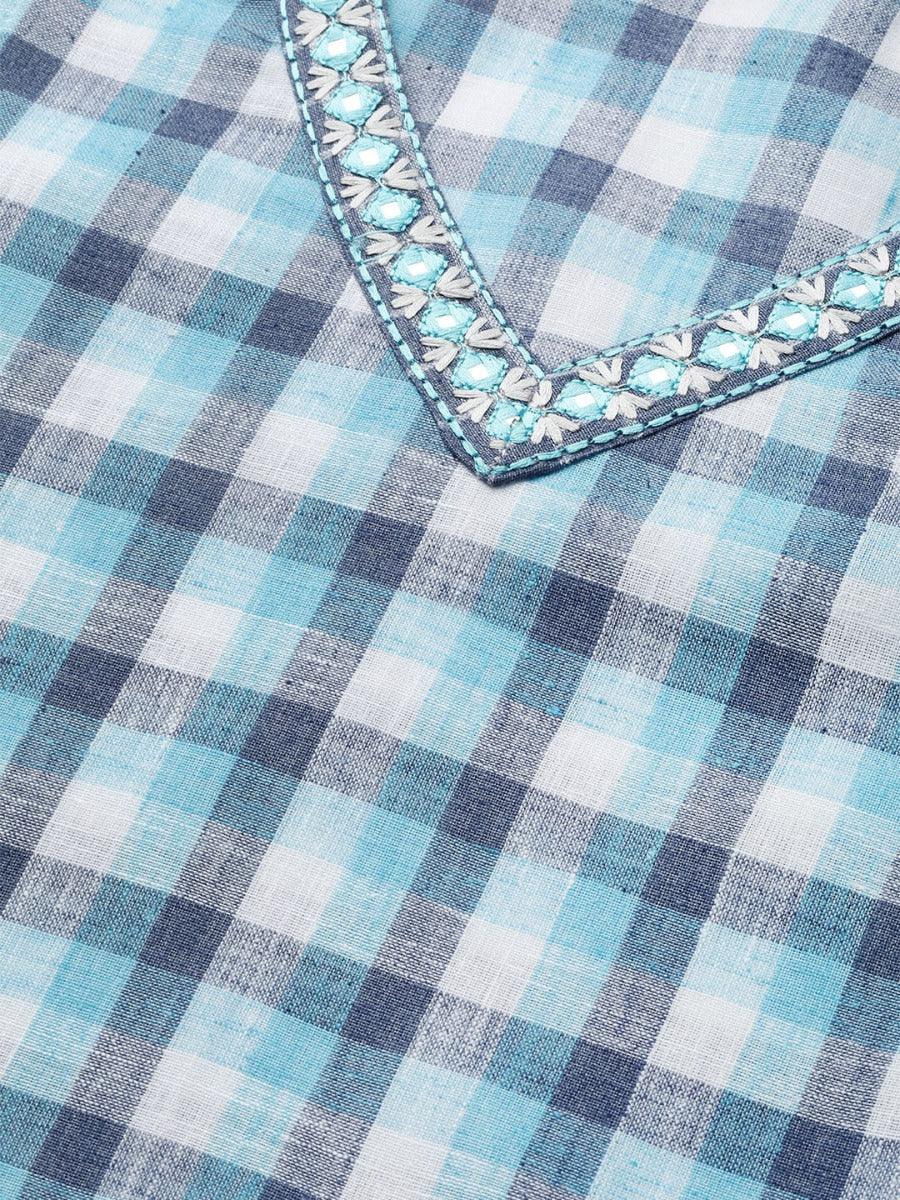 Blue Checkered Cotton Kurta Set - Libas