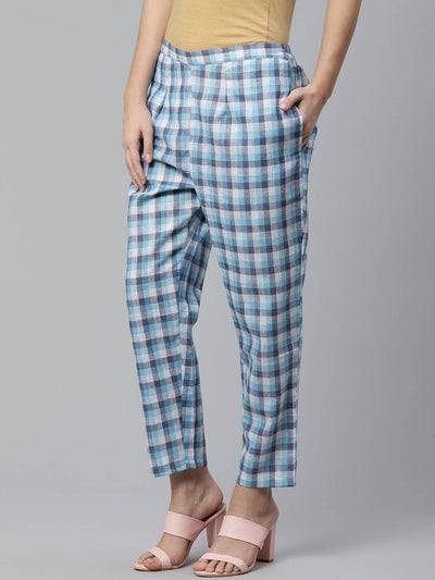 Blue Checkered Cotton Trousers - Libas
