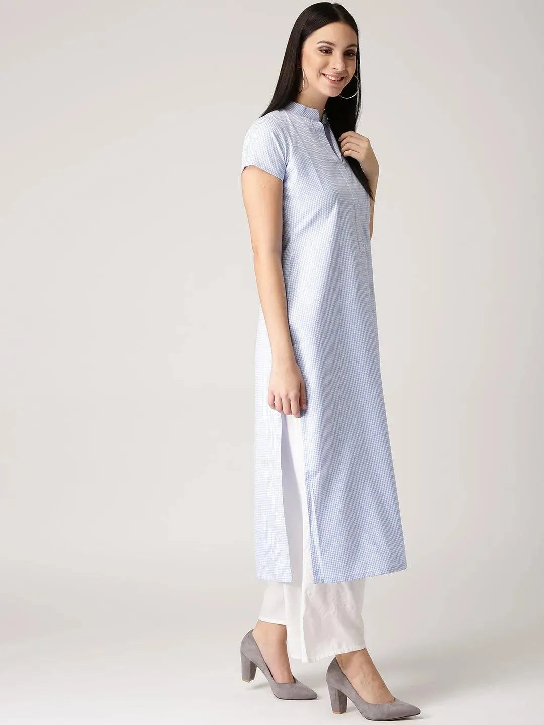 

Blue Checkered Polyester Kurta