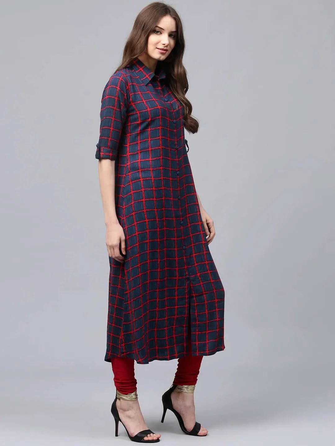 Blue Checkered Rayon Kurta - Libas