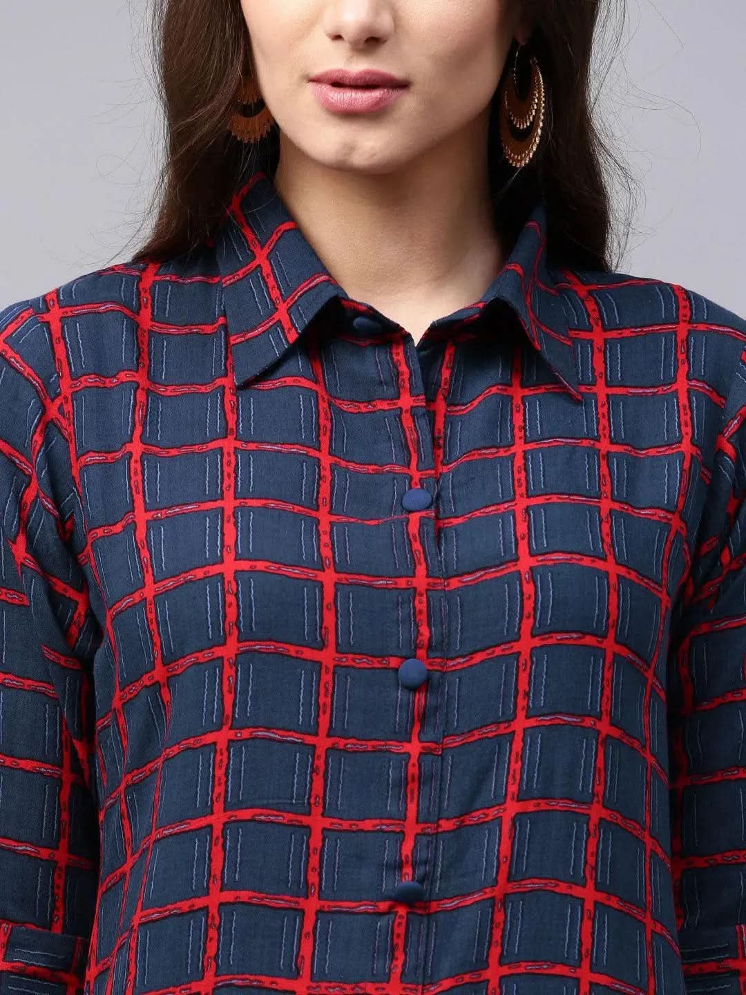 Blue Checkered Rayon Kurta - Libas 