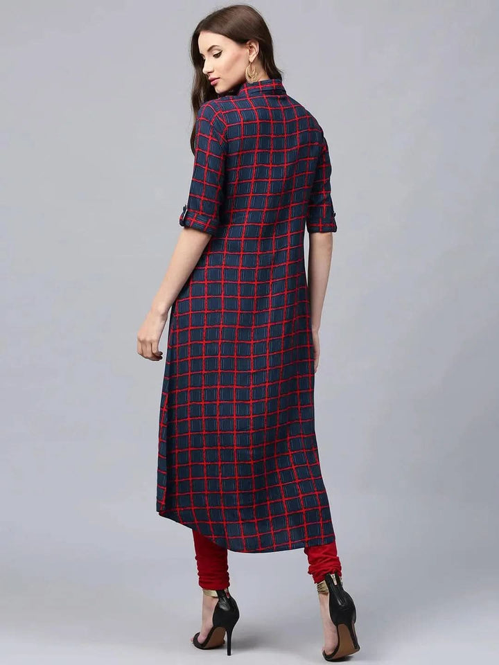 Blue Checkered Rayon Kurta - Libas