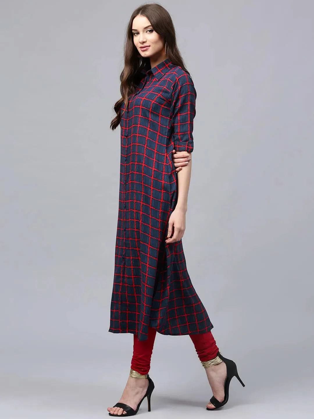 Blue Checkered Rayon Kurta - Libas 
