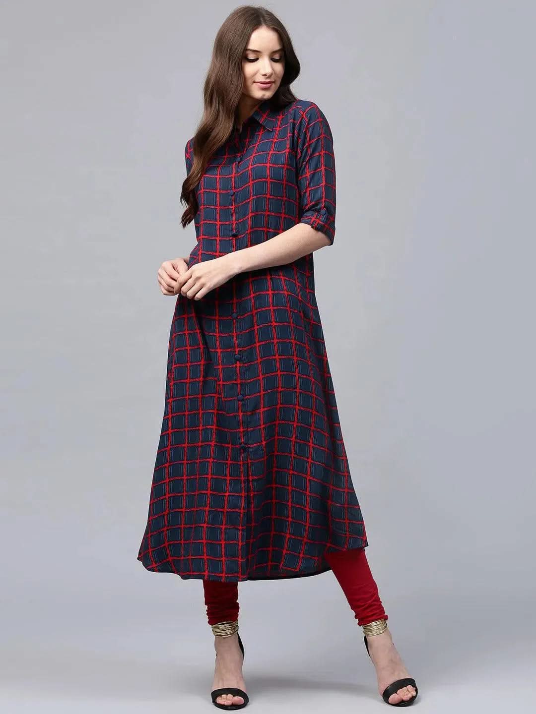 Blue Checkered Rayon Kurta - Libas 