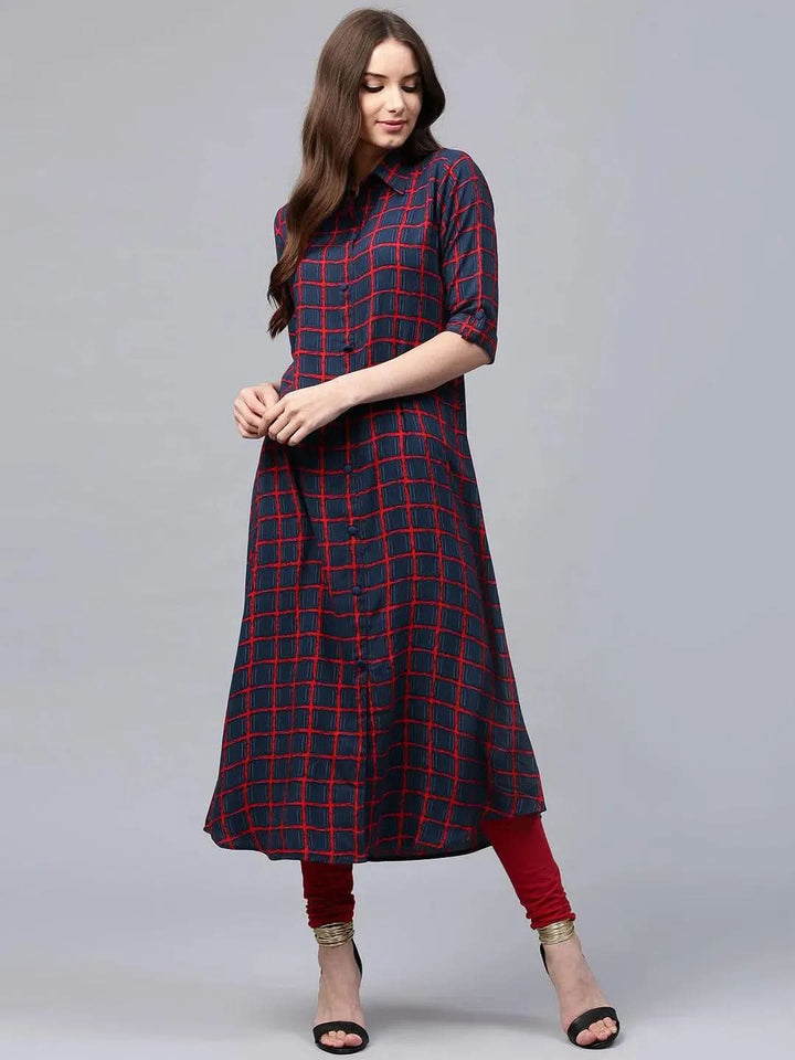 Blue Checkered Rayon Kurta - Libas