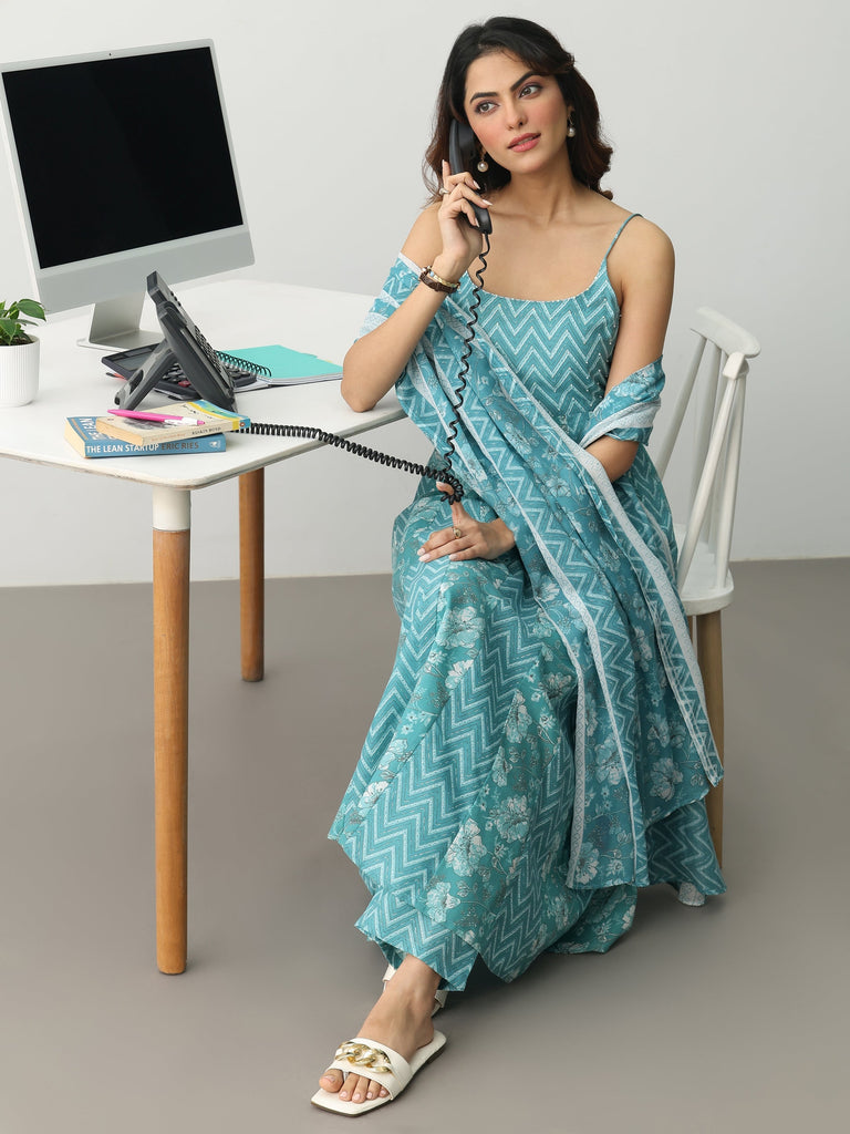 Gerua Blue Chevron Printed Cotton Blend Anarkali Suit Set With Dupatta