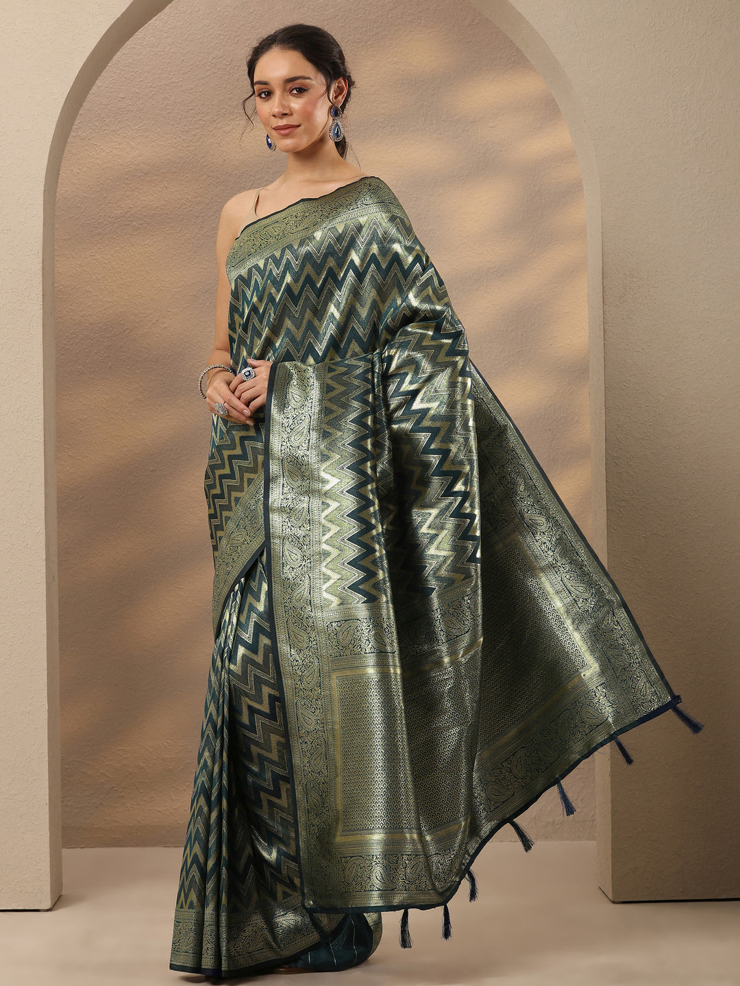  Blue Chevron Woven Design Silk Blend Saree With Unstitched Blouse Piece 