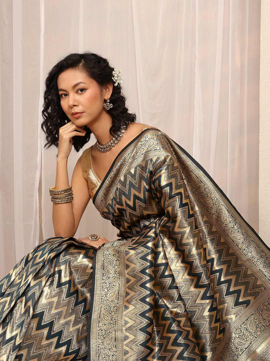  Blue Chevron Woven Design Silk Blend Saree With Unstitched Blouse Piece 