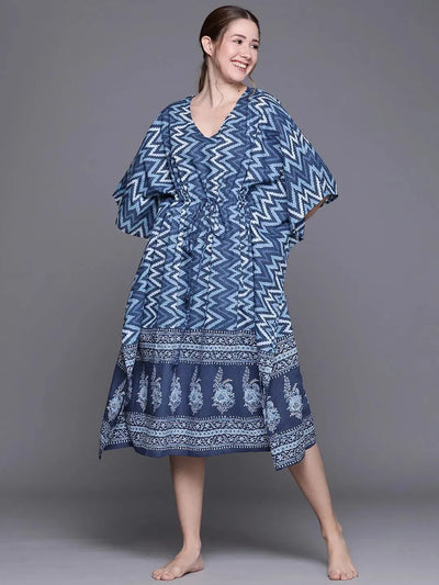 Blue Cotton Printed Kaftan Nightdress - Libas