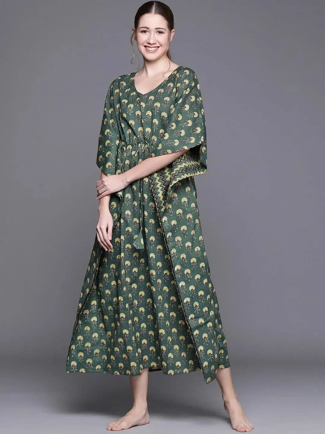  Blue Cotton Printed Kaftan Nightdress 