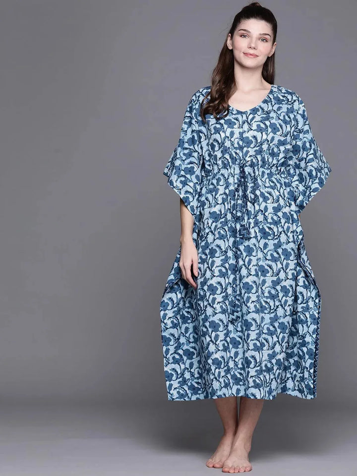 Blue Cotton Printed Kaftan Nightdress - Libas