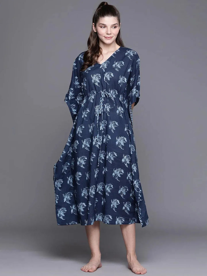 Blue Cotton Printed Kaftan Nightdress - Libas