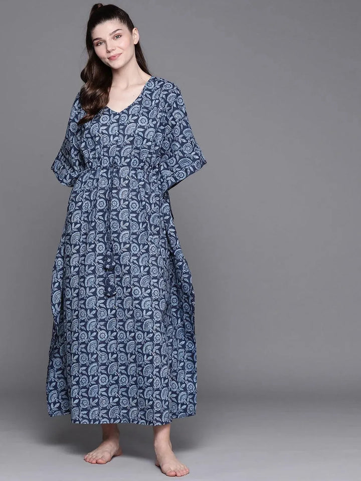 Blue Cotton Printed Kaftan Nightdress - Libas