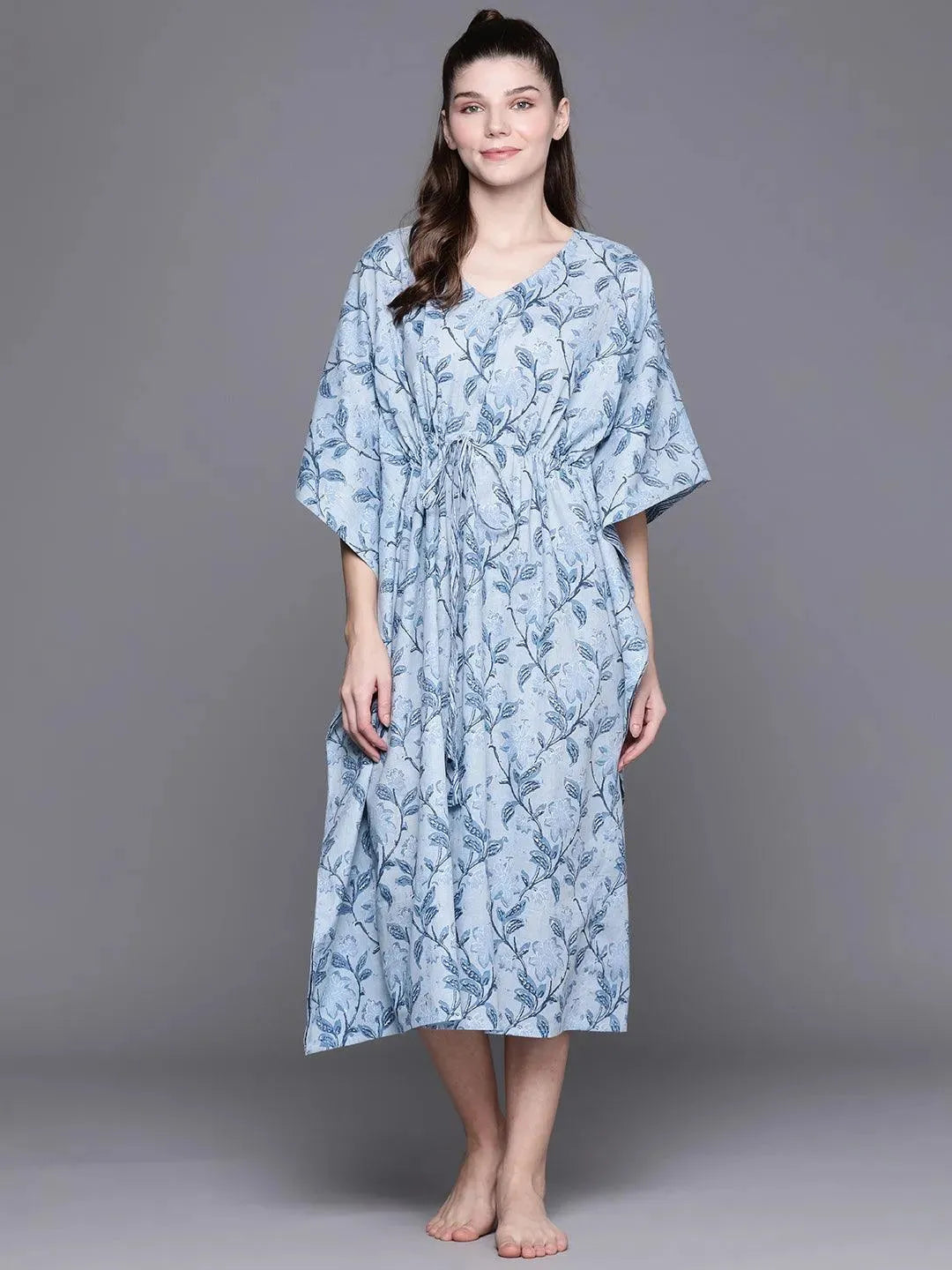 Blue Cotton Printed Kaftan Nightdress - Libas