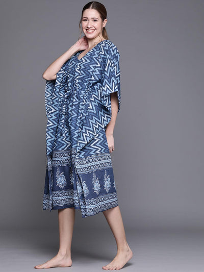 Blue Cotton Printed Kaftan Nightdress - Libas