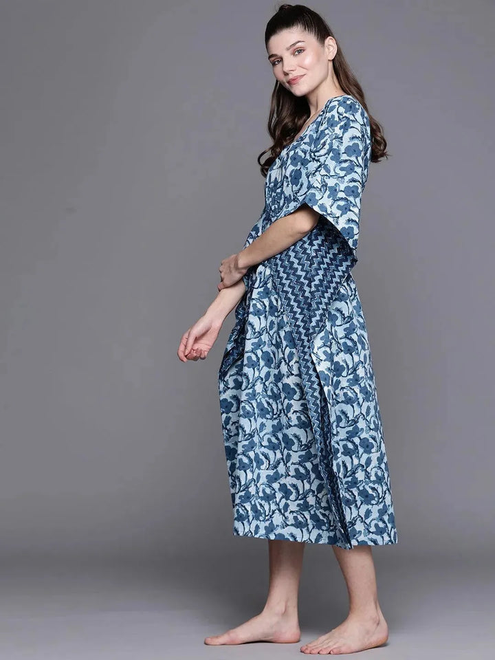 Blue Cotton Printed Kaftan Nightdress - Libas