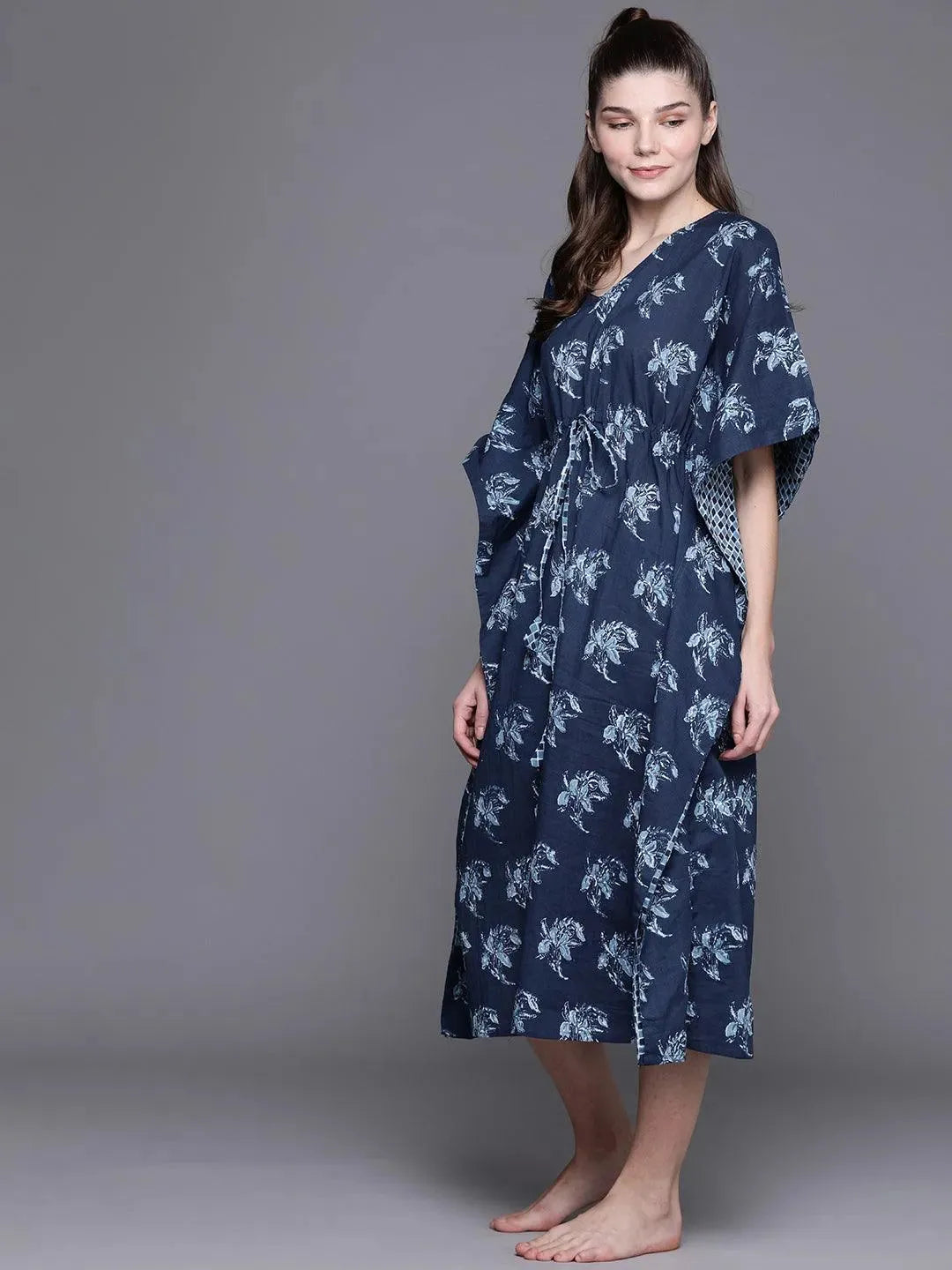 Blue Cotton Printed Kaftan Nightdress - Libas