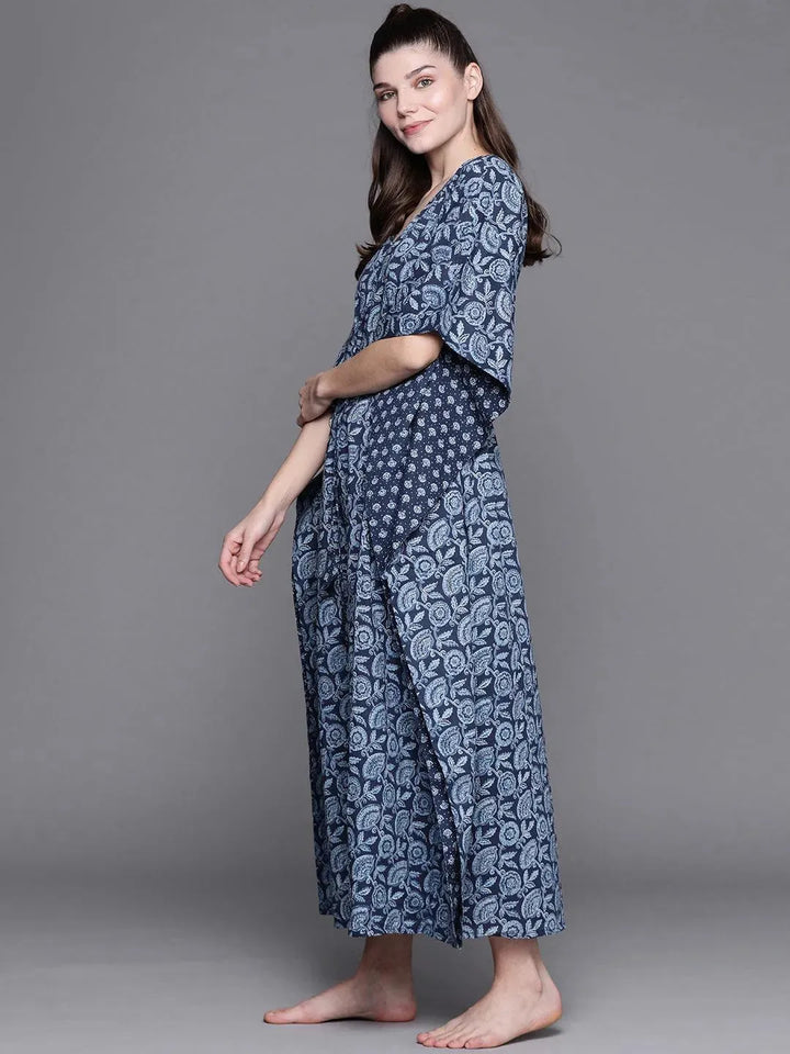 Blue Cotton Printed Kaftan Nightdress - Libas