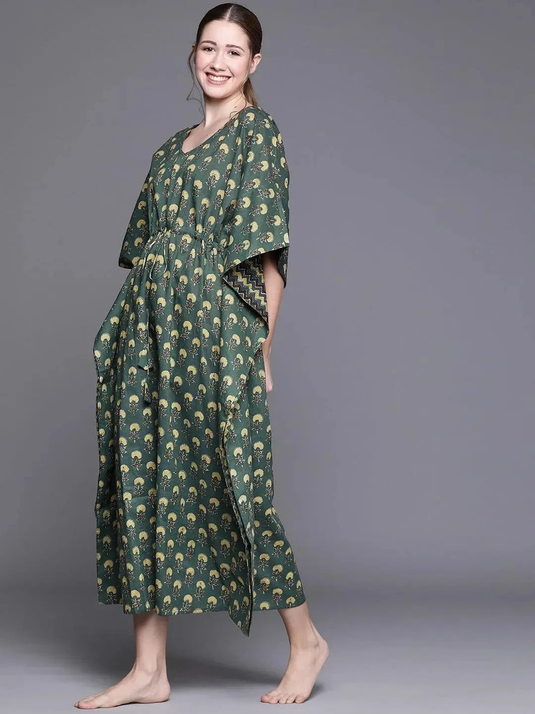 Blue Cotton Printed Kaftan Nightdress - Libas