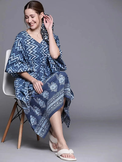 Blue Cotton Printed Kaftan Nightdress - Libas